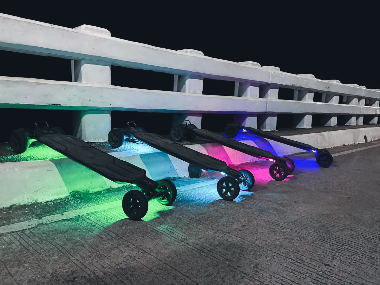 Electric skateboard lit up in the dark on the Siargao night tour