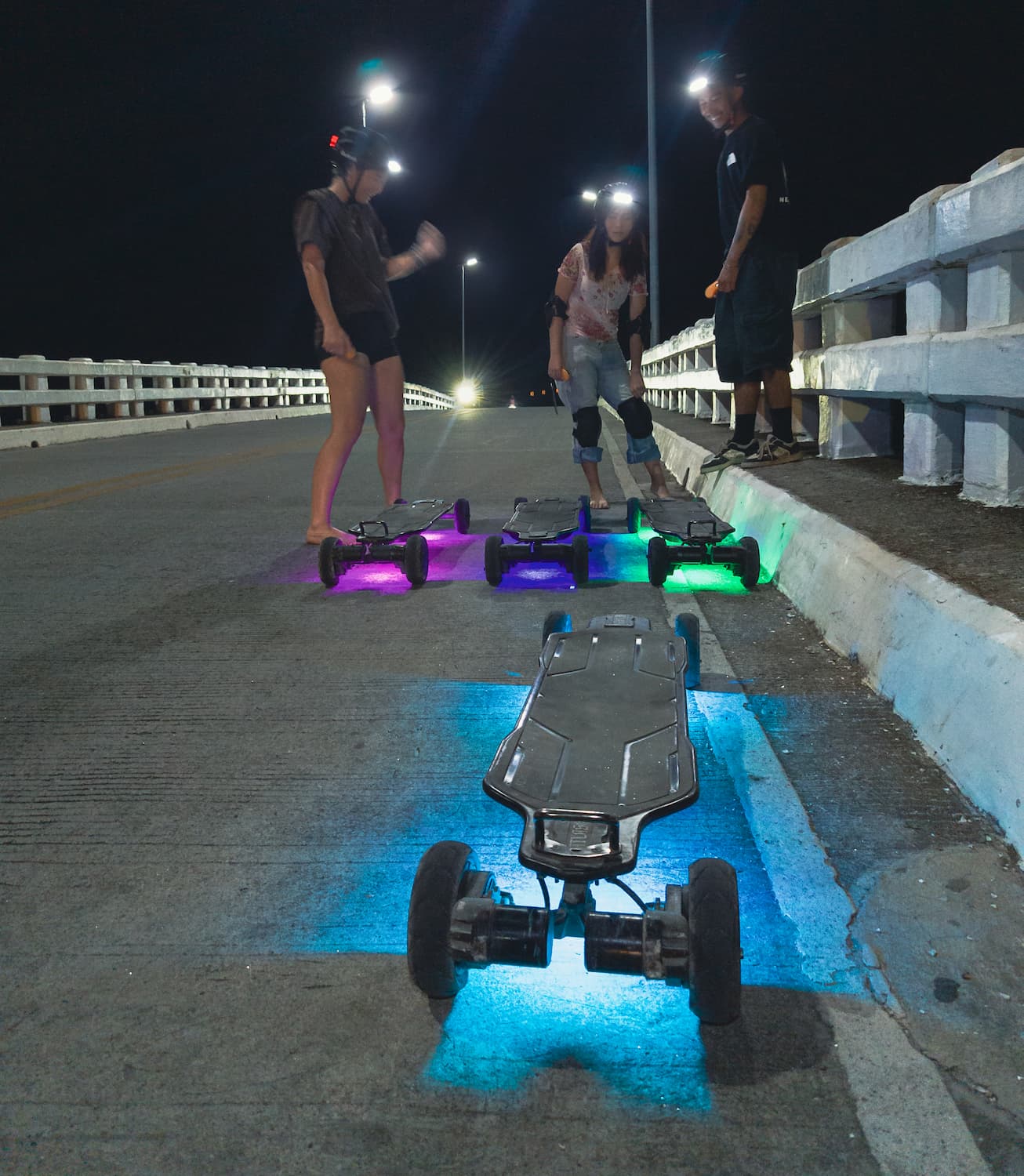 Blue underglow on an electric skateboard during the Siargao night tour